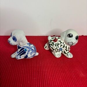 Selvi Ceramic Puppy Figurines with Floral and Blue Patterns